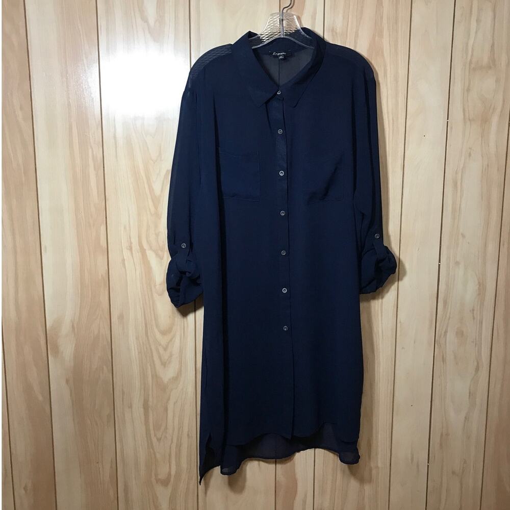 Emperice Whimsigoth Retro Navy Blue Roll Tab Sleeve Shirt Midi Dress 3X